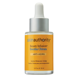 A dropper bottle of Beauty Infusion Swertia Chirata for Anti-Aging | Skin Authority skincare product with a yellow label and silver cap designed for anti-aging skin care.