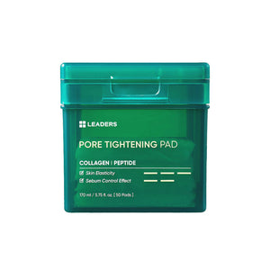 Green container of Pore Tightening Pad | Leaders skincare product with collagen and peptide for skin elasticity and sebum control effect, holding 50 pads