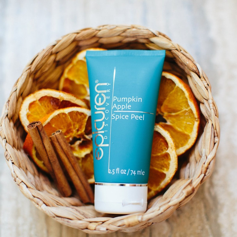 Tube of Pumpkin Apple Spice Peel | Epicuren Discovery skincare product in teal packaging for gentle exfoliation and body care.