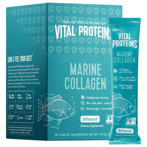 Package and single serving packet of Marine Collagen - Unflavored | Vital Proteins dietary supplement featuring collagen for skin, hair, nail, and joint support in a teal design.