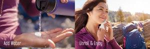 Woman outdoors using Luna Wipes - Single Sachet | Functional Botanicals, demonstrating adding water to the wipe and unrolling it for skincare while enjoying nature.