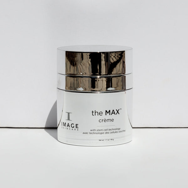 the MAX™ crème | IMAGE Skincare in a white jar with reflective silver lid, highlighting its premium skincare formula with stem cell technology for advanced skin wellness.