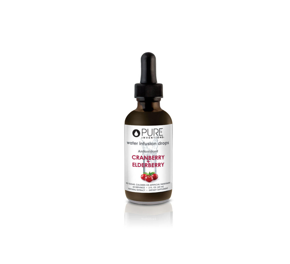 Super Fruit Extracts Water Infusion Drops - Cranberry + Elderberry | Pure Inventions bottle and packaging highlighting antioxidant benefits and natural water infusion formula.