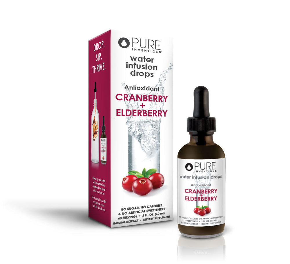 Super Fruit Extracts Water Infusion Drops - Cranberry + Elderberry | Pure Inventions bottle and packaging highlighting antioxidant benefits and natural water infusion formula.