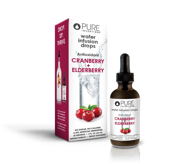Super Fruit Extracts Water Infusion Drops - Cranberry + Elderberry | Pure Inventions bottle and packaging highlighting antioxidant benefits and natural water infusion formula.