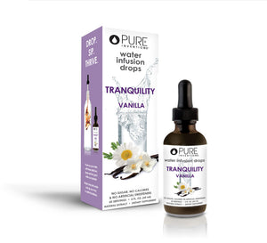 Tranquility Vanilla Water Infusion Drops | Pure Inventions bottle and box with vanilla pods and white flowers, promoting hydration and wellness with natural skincare infusion.