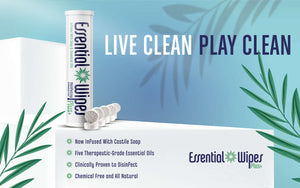Promotional image of Essential Wipes Plus - Single Sachet | Functional Botanicals featuring a tube of infused wipes with castile soap and essential oils, highlighting natural and chemical-free skincare benefits.