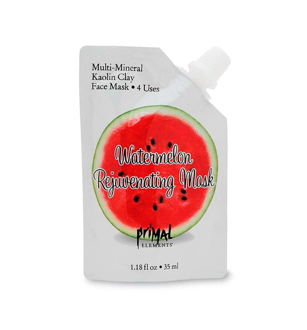 Face Mask - WATERMELON REJUVENATING | Primal Elements featuring multi-mineral kaolin clay in a refreshing watermelon-infused skincare product for rejuvenating and nourishing skin.